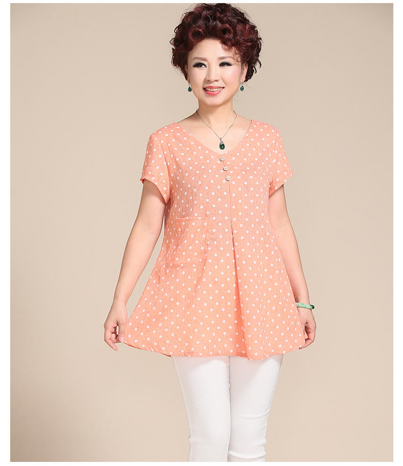 籽煊中老年女装夏款棉麻波点大码短袖t恤妈妈装休闲宽松女上衣新